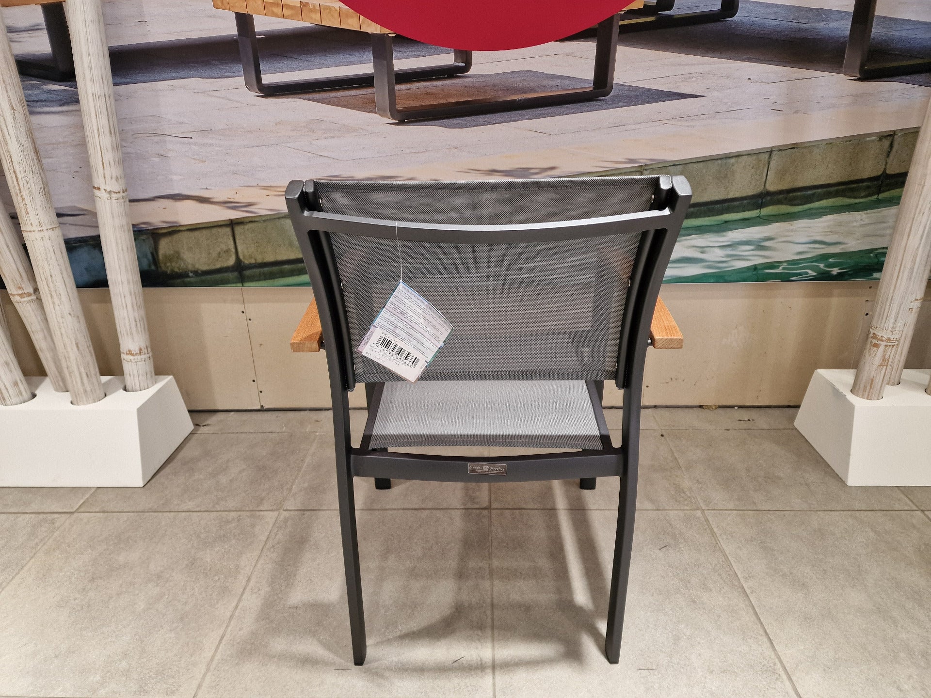 Alu Stapelstoel Namur Charcoal Mat - Silver Grey Textilene + Teak Arm