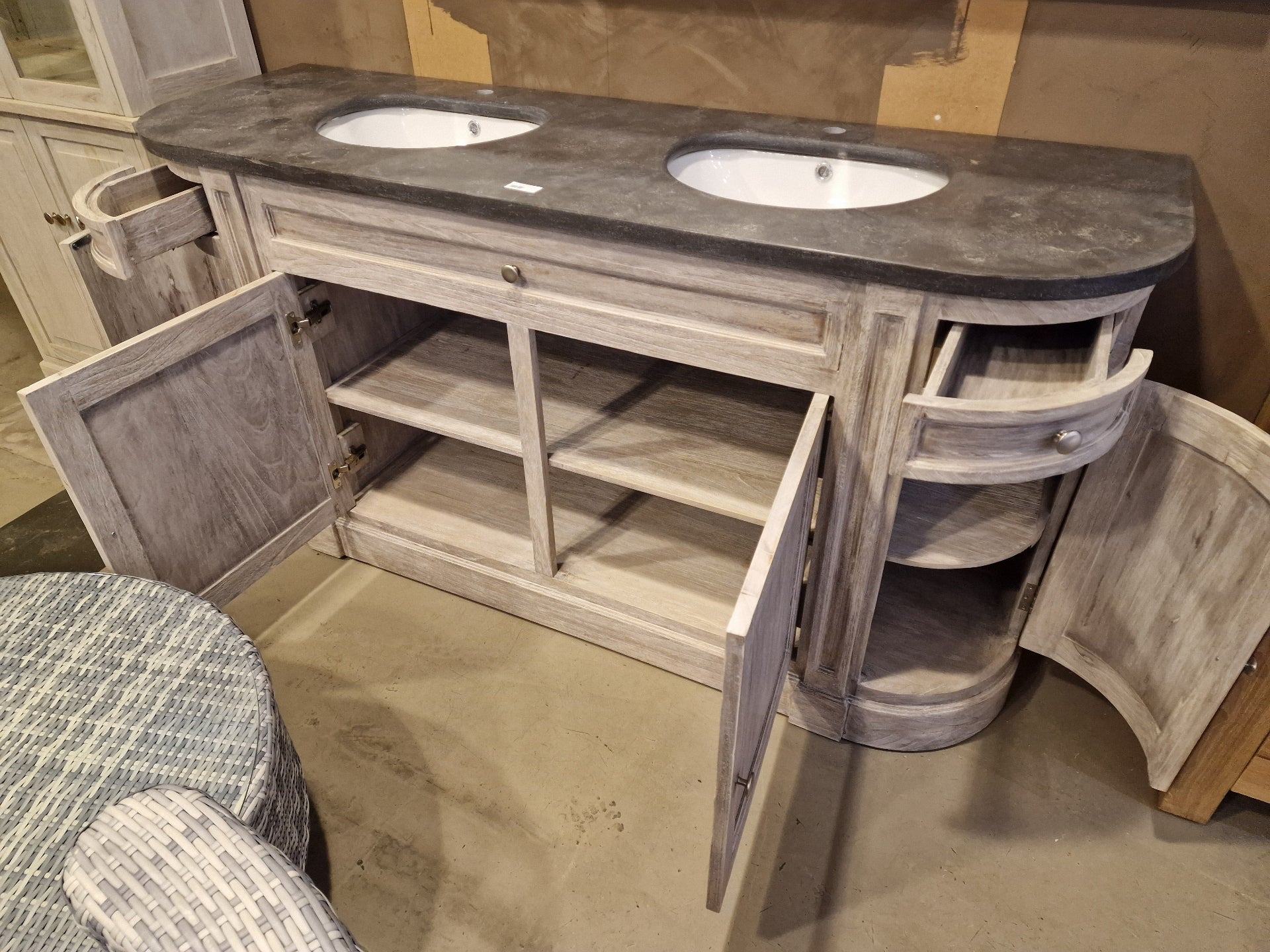 Badkamermeubel Retro Grey Round 180 cm + 2 Onderbouw Ovale Waskommen