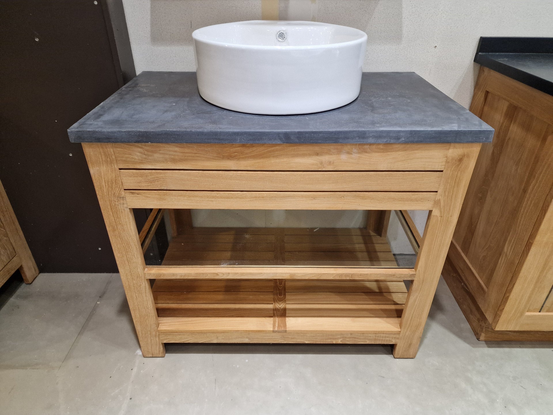 Teak Badkamermeubel Erica 95 cm + Blauwe Hardsteen + 1 Opbouw Waskom