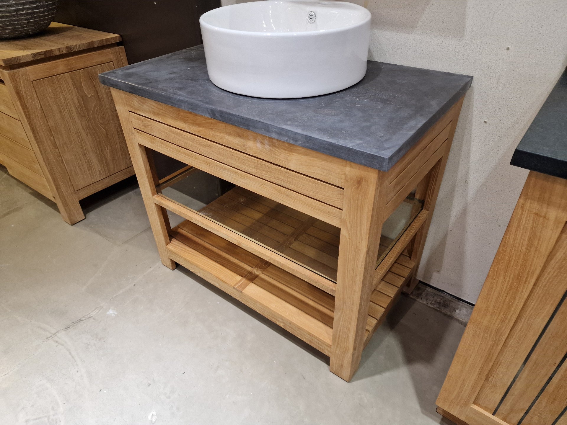 Teak Badkamermeubel Erica 95 cm + Blauwe Hardsteen + 1 Opbouw Waskom