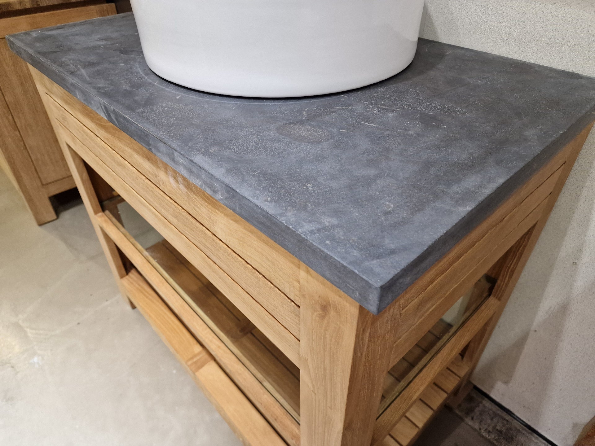 Teak Badkamermeubel Erica 95 cm + Blauwe Hardsteen + 1 Opbouw Waskom