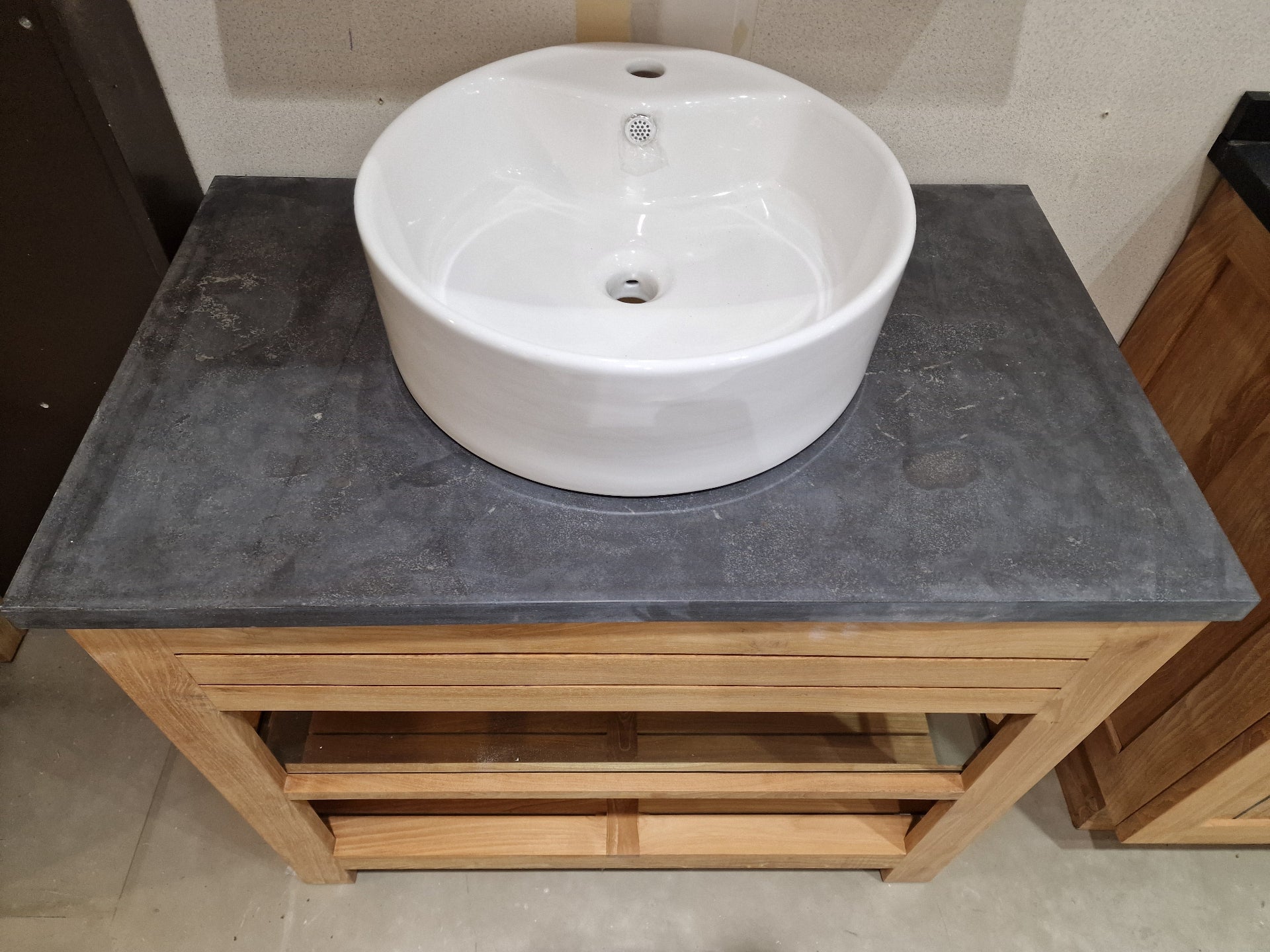 Teak Badkamermeubel Erica 95 cm + Blauwe Hardsteen + 1 Opbouw Waskom