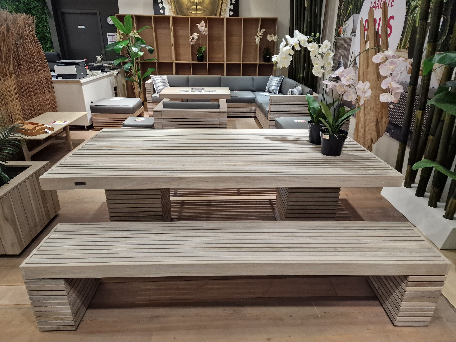 Tokyo Teak Dining eettafel + 2x zitbank - Instant Grey