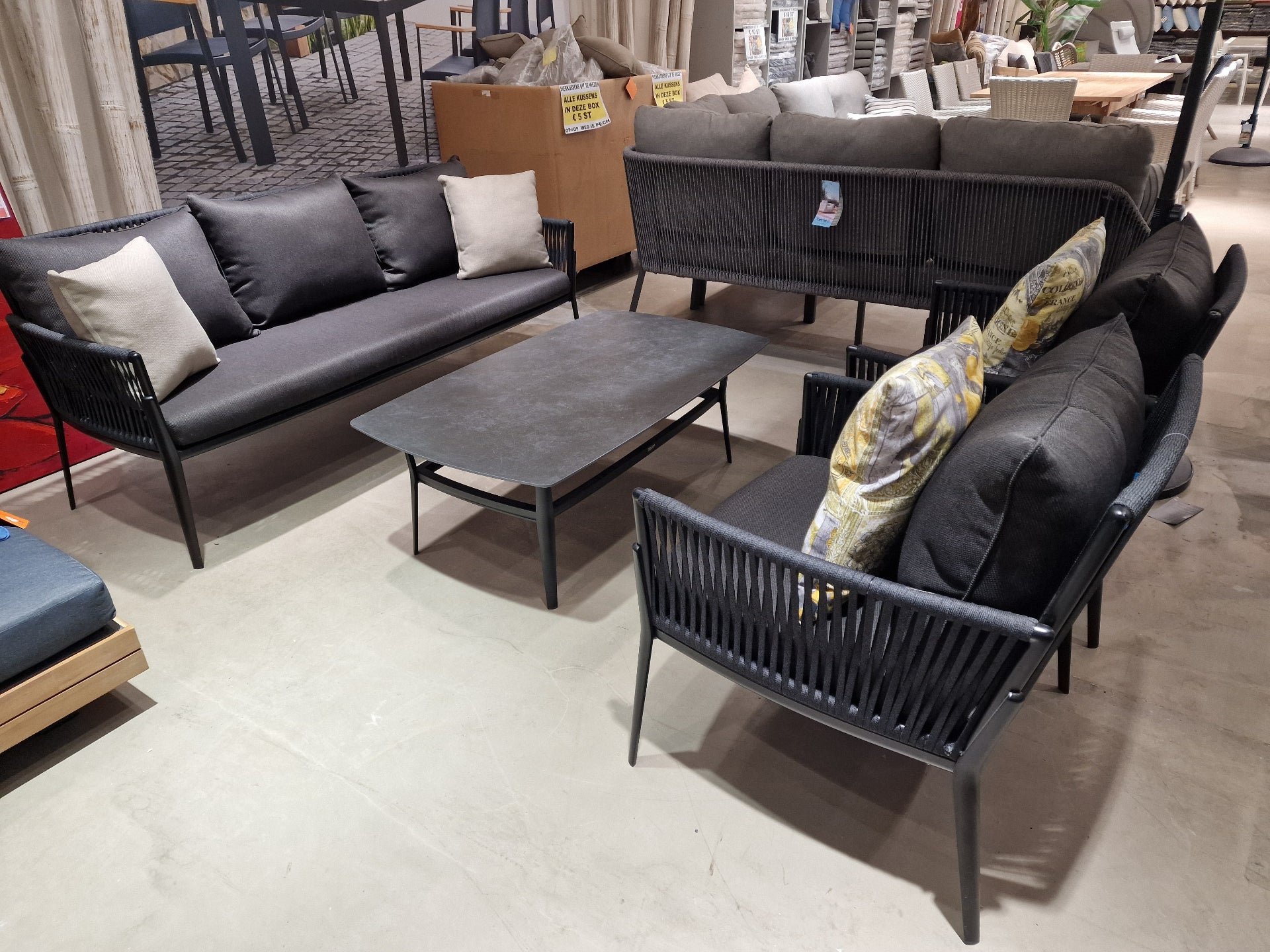 Loungeset Elba Alu Zwart Rope - 3 Zit + 2x1 zit + Keramiek Salontafel