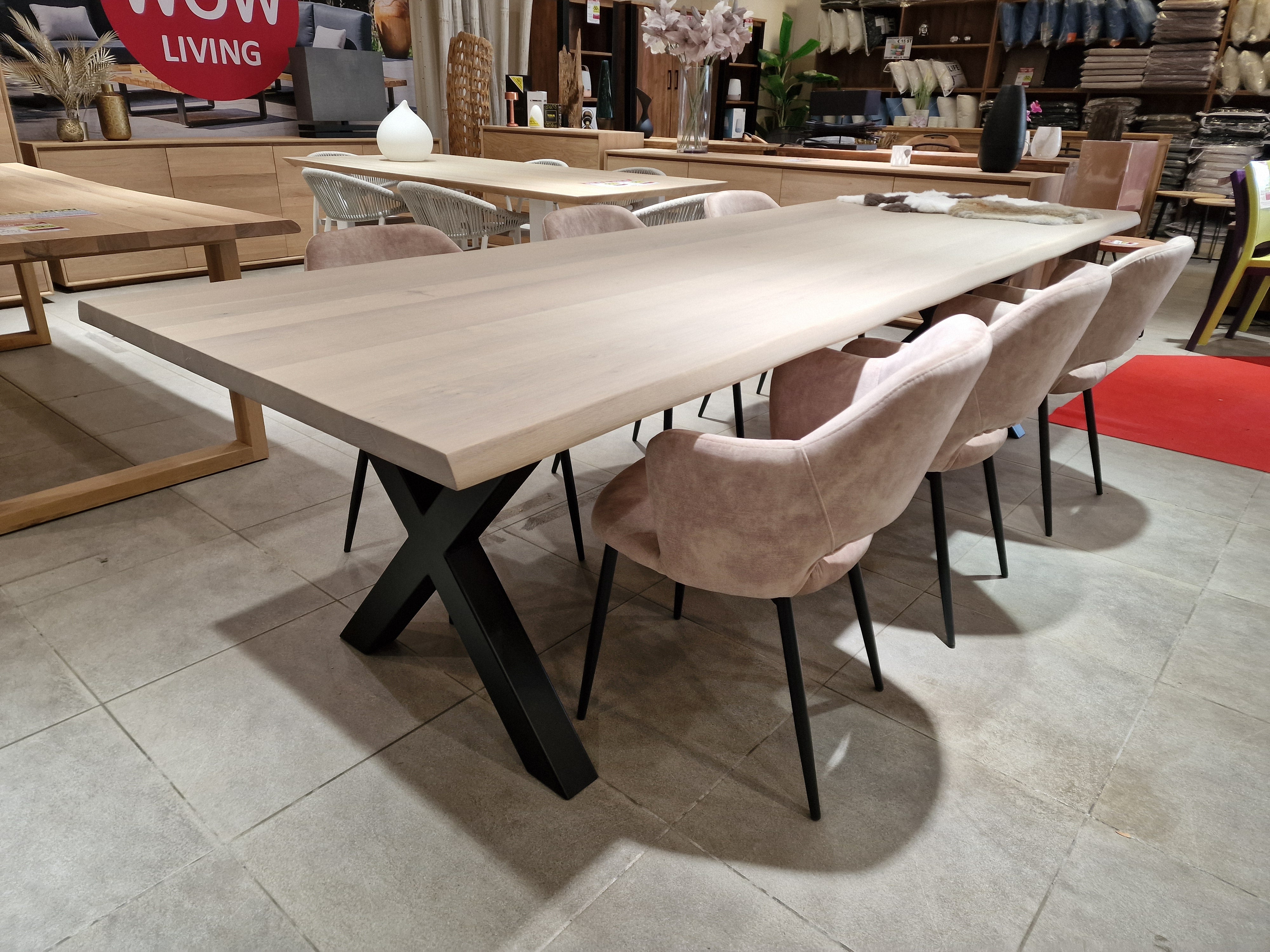 Eik Interieurtafel Rechthoekig 300 x 100cm Grijs Boomstam met metalen X-Poot Zwart