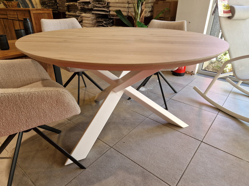 Eik Interieurtafel Rond Dia 135cm Naturel Verjongd met wit metalen Spider-Poot