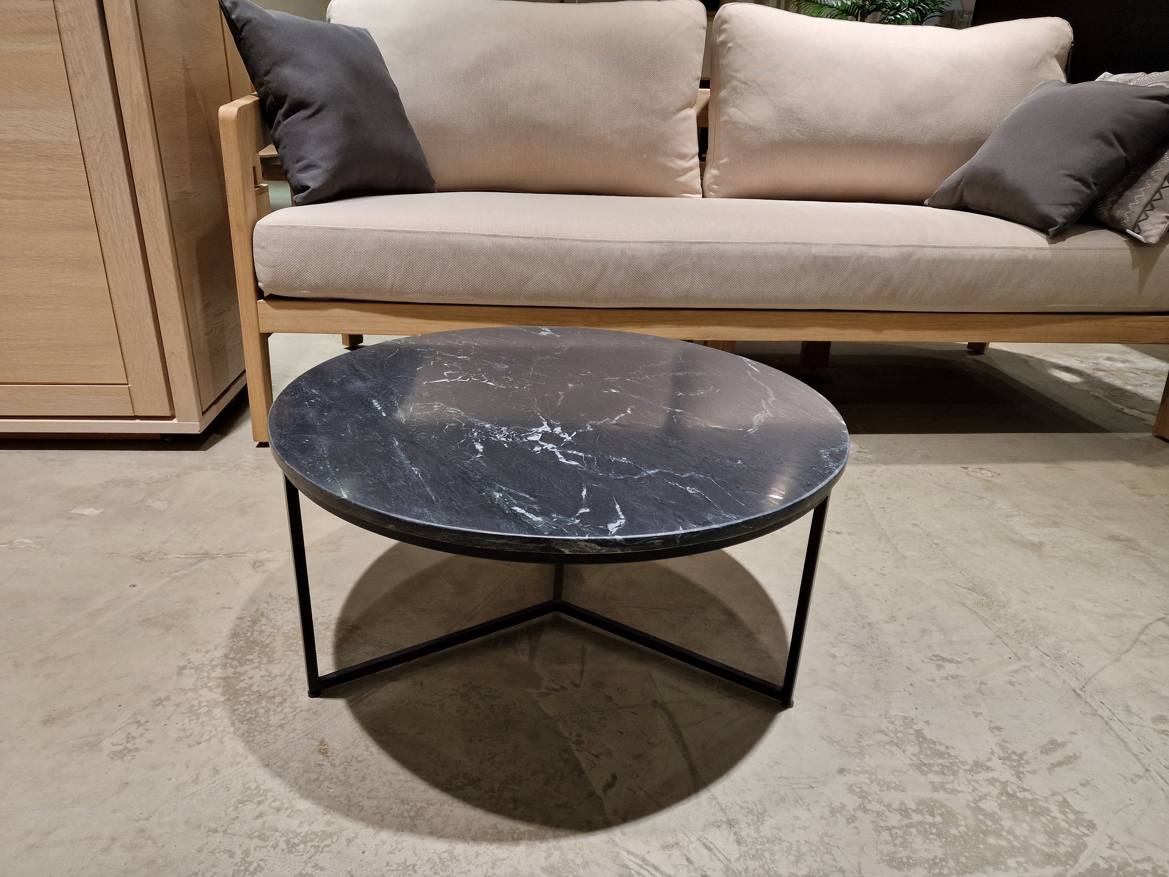 Marmer Salontafel Rond 70cm Zwart met Zwart Metalen Onderstel