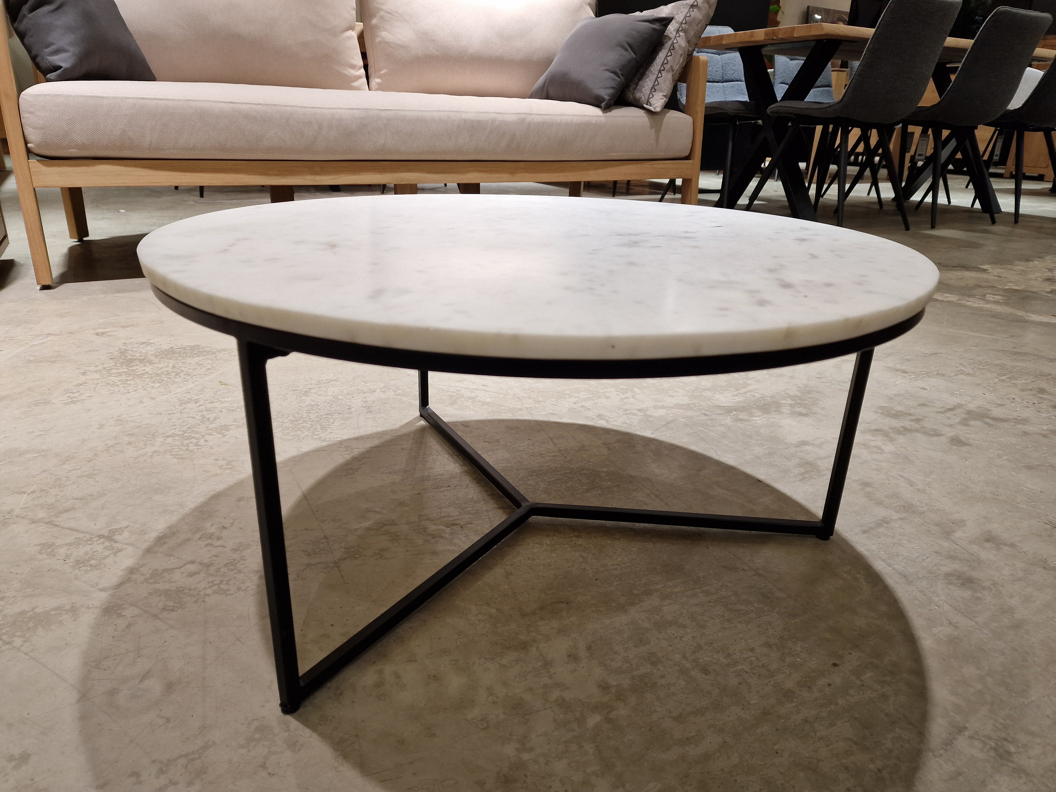 Marmer Carrara Salontafel Rond 70cm Wit met Zwart Metalen Onderstel