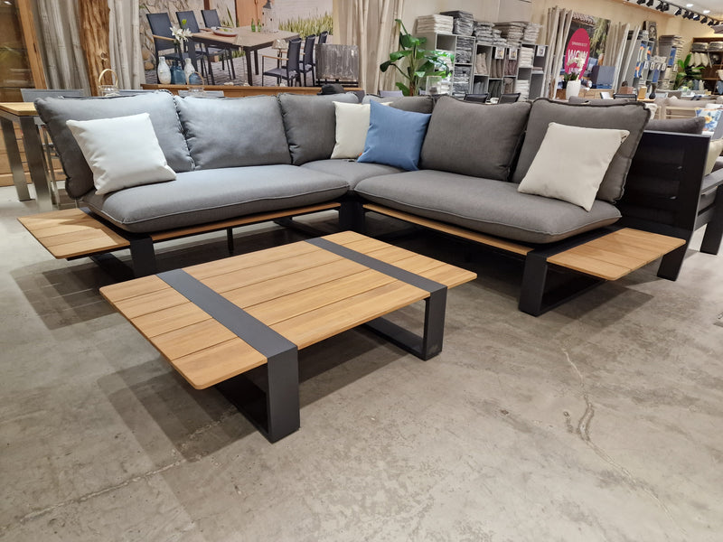 Hoeklounge Seto 250 x 250 x H90 cm Alu Frame Charcoal + Top Teak Natural - Swiss Fabric Kussens met salontafel
