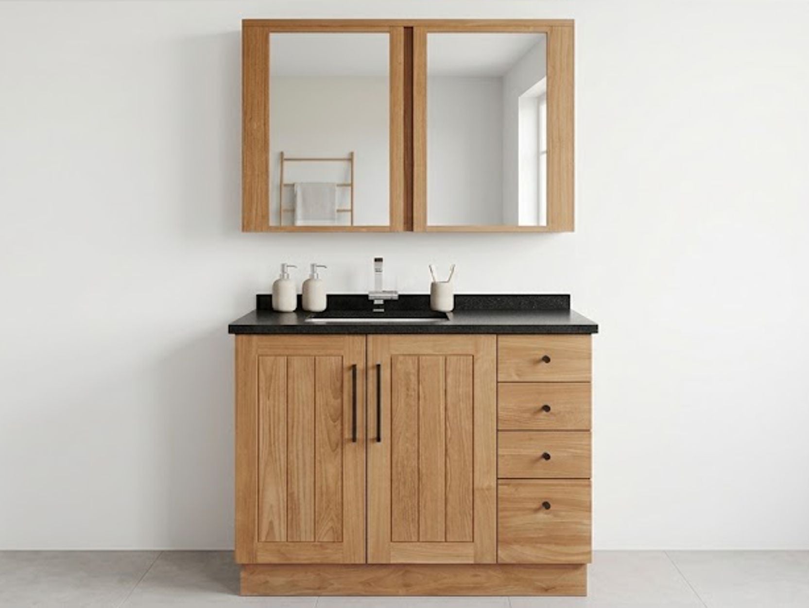 Teak Badkamermeubel New Cannes 105cm + 1 Onderbouw Square Waskom + Matte Graniet