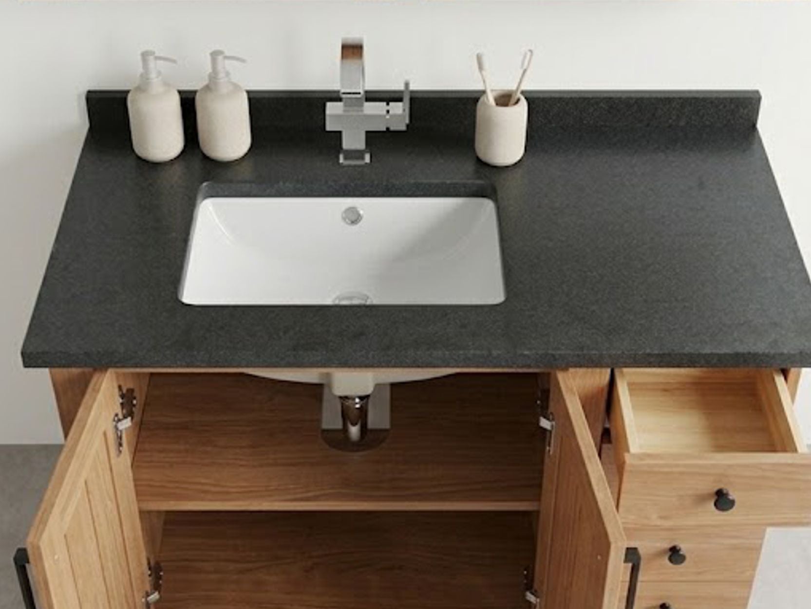 Teak Badkamermeubel New Cannes 105cm + 1 Onderbouw Square Waskom + Matte Graniet