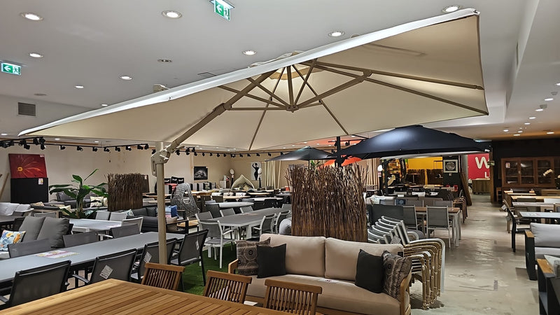 Alu Zweefparasol Capri 300 x 300cm T2 Premium - Mast Linnen - Doek Spuncrylic Champagne Inclusief Parasolvoet Graniet 90kg